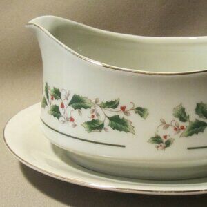 Fine China of Japan Holly Holiday Gravy Boat with Attached Underplate PERFECT!